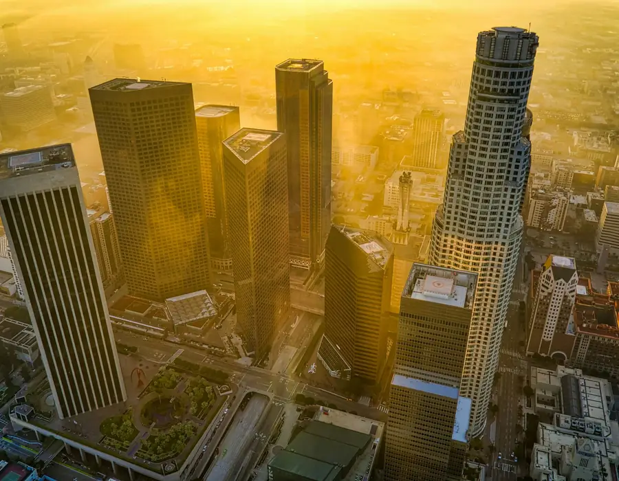 Aerial view of downtown Los Angeles at golden hour